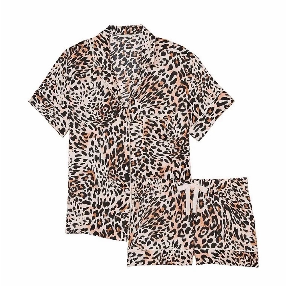 Victoria's Secret Satin Short Pajama Set Pink Leopard Print - Picture 2 of 6